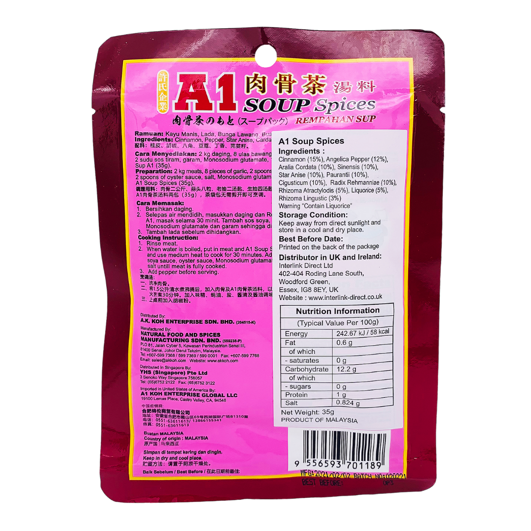 Bak Kut Teh Herbal Mix Soup Spices 35g by A1