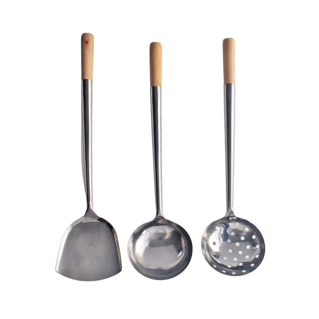 Stainless Steel 3pc Set Chinese Style Spatula, Ladle and Skimmer