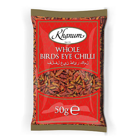 Whole Birds Eye Chilli 50g Bag by Khanum