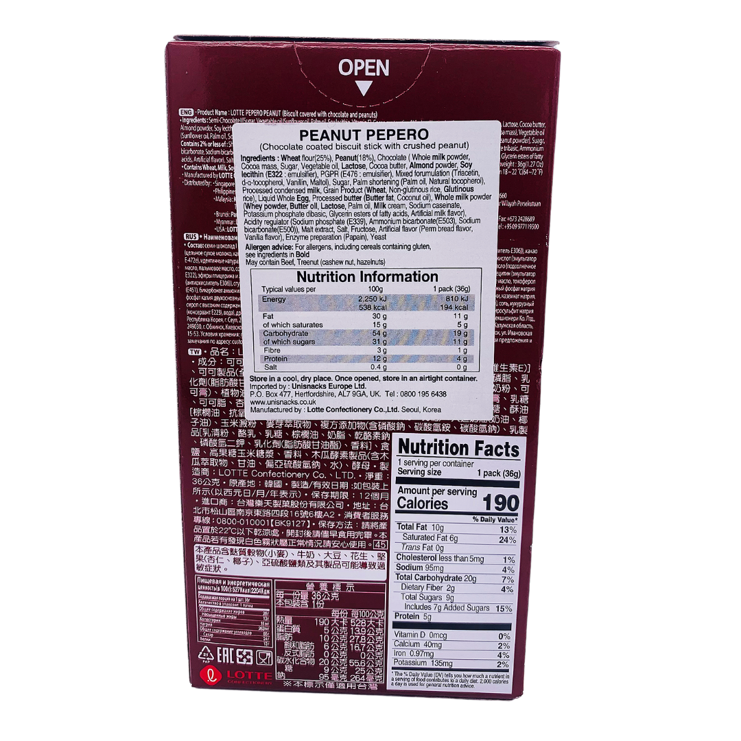 Pepero Peanut and Chocolate Biscuit Sticks 36g by Lotte